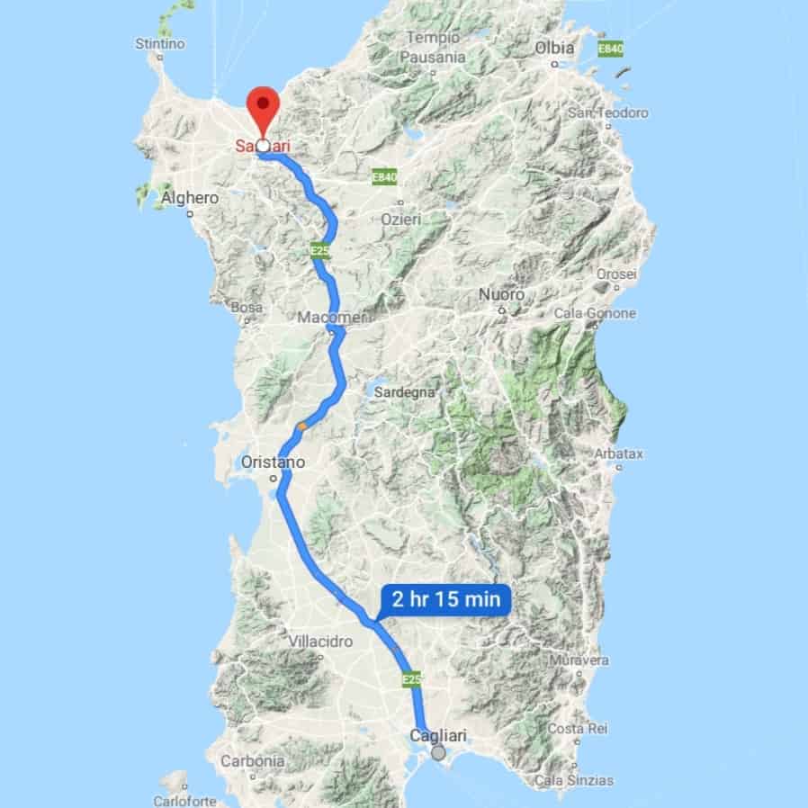 a map view of driving from cagliari to sassari