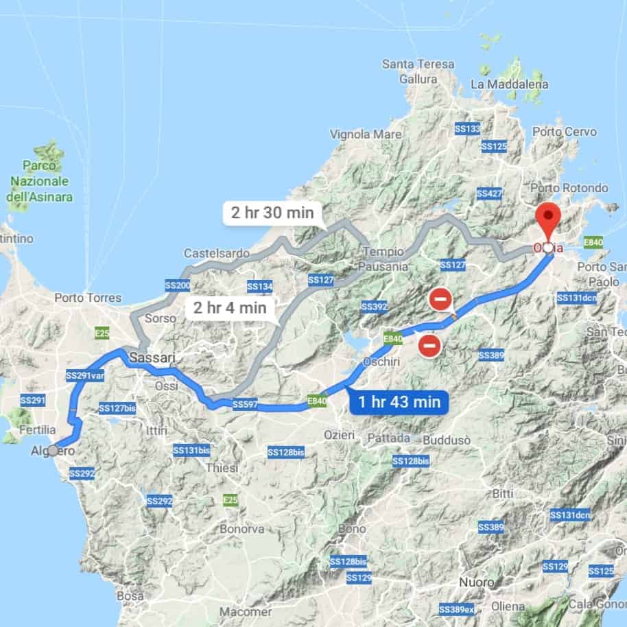 a map view of driving from alghero to olbia